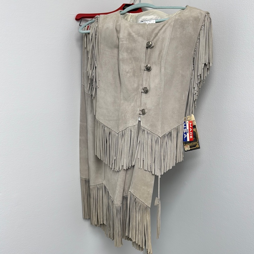 Nwt Vtg Western Pioneer Wear Gray Vest & Skirt Set fringe suede leather SZ.8